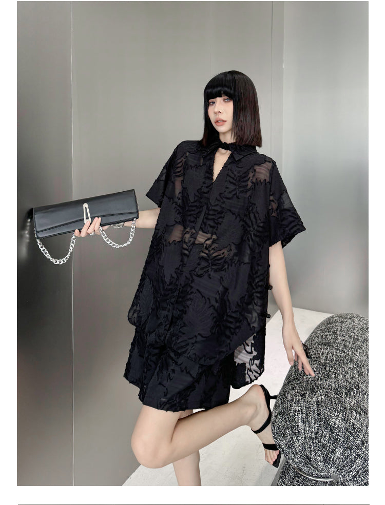 Fashion Black Embroidered Tulle Patchwork Wrinkled Shirt Summer