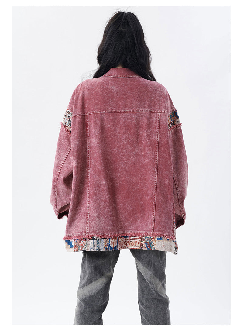 Modern Brick Red Oversized Patchwork Denim Jacket Fall