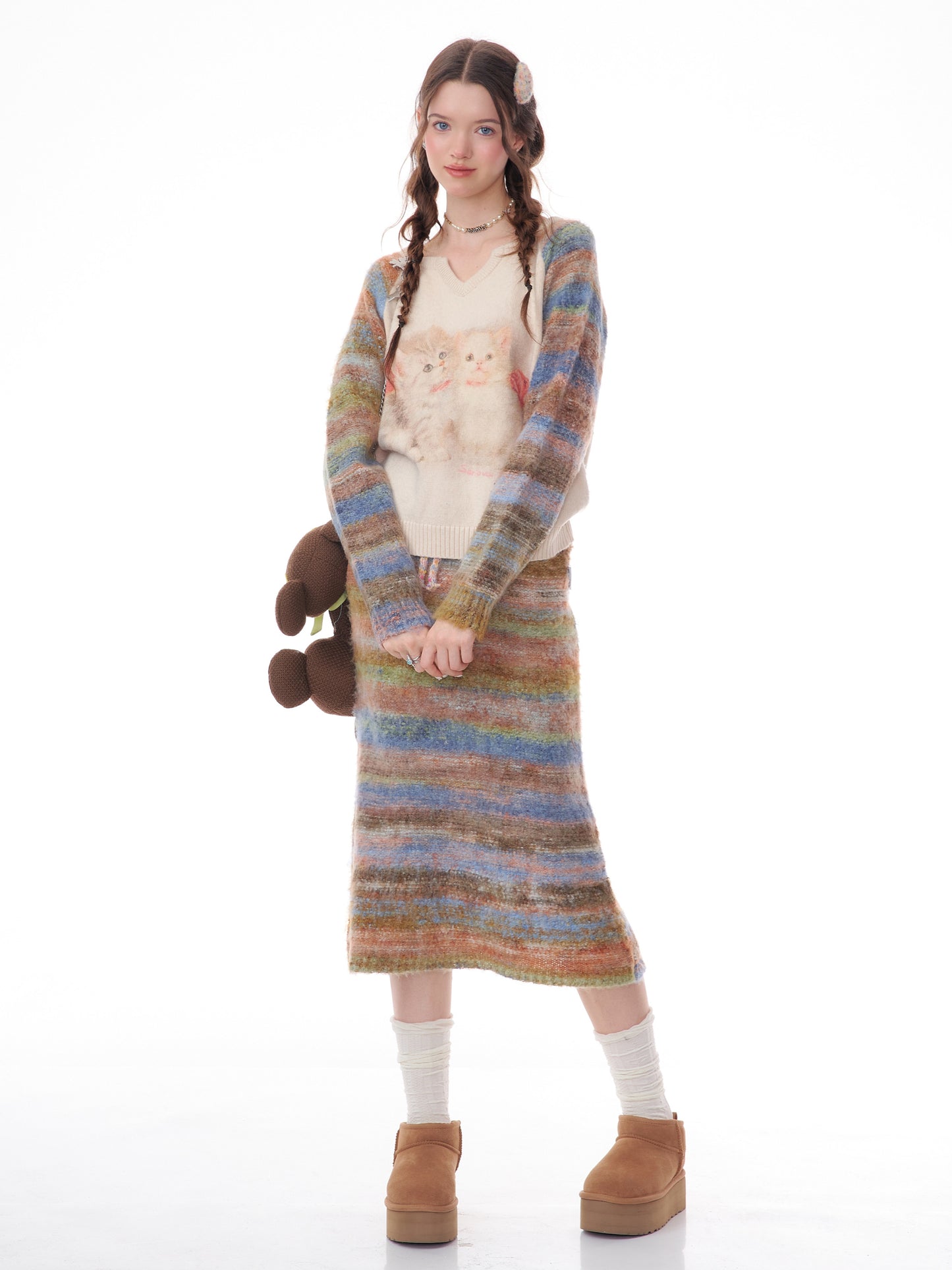 Fashion Striped Patchwork Knit Skirts Winter