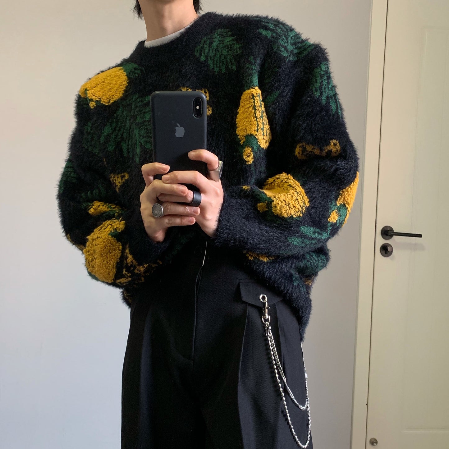 Oversized O-Neck Yellow Pineapple Jacquard Knitted Sweater Winter