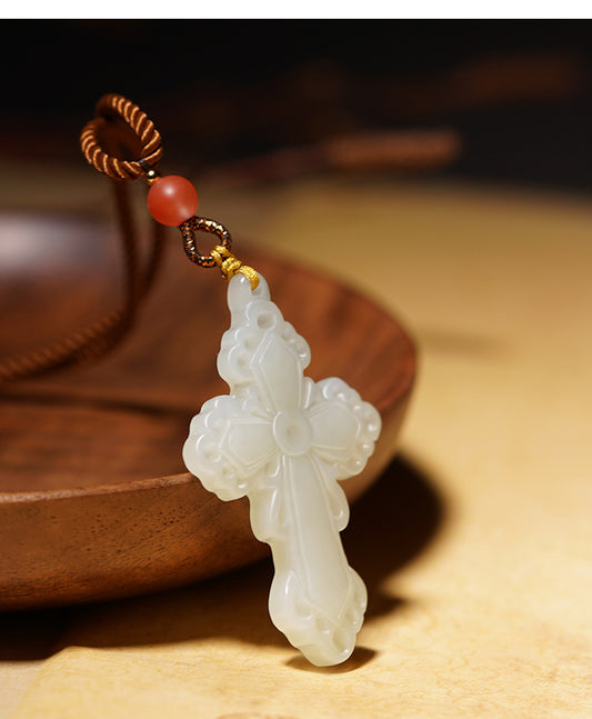 Natural Hetian Jade Carved Cross Pendant