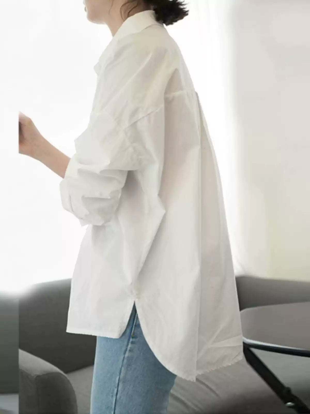 White Oversized Cotton Shirt Peter Pan Collar Pocket Fall