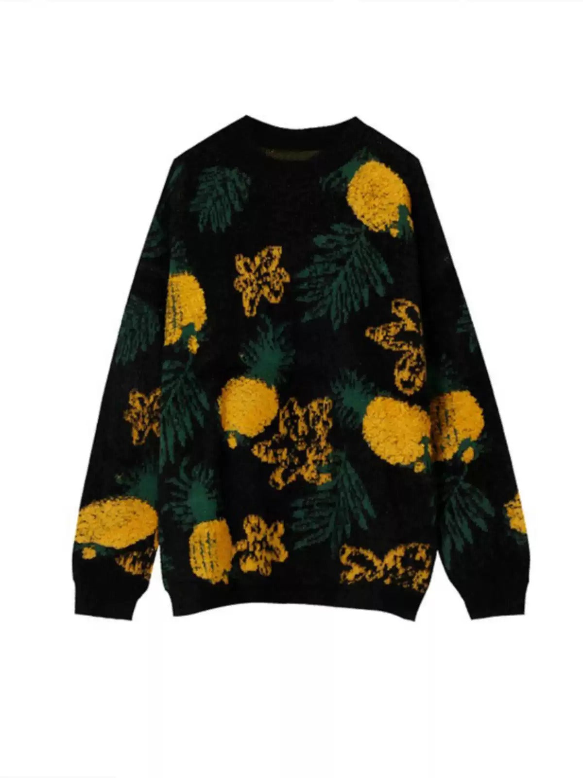 Oversized O-Neck Yellow Pineapple Jacquard Knitted Sweater Winter