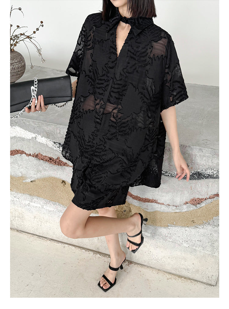 Fashion Black Embroidered Tulle Patchwork Wrinkled Shirt Summer