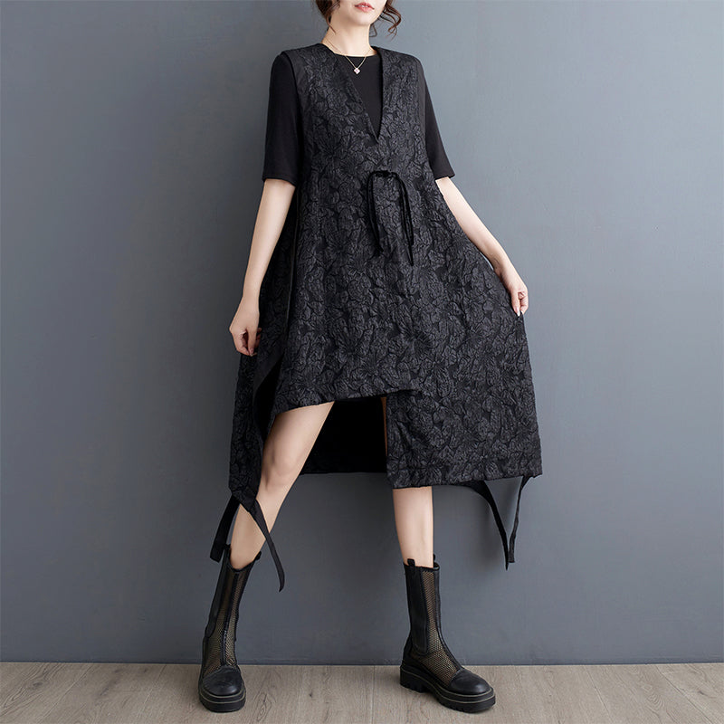 Fashion Black Floral Tulle Patchwork Maxi Asymmetrical Dress Batwing Sleeve