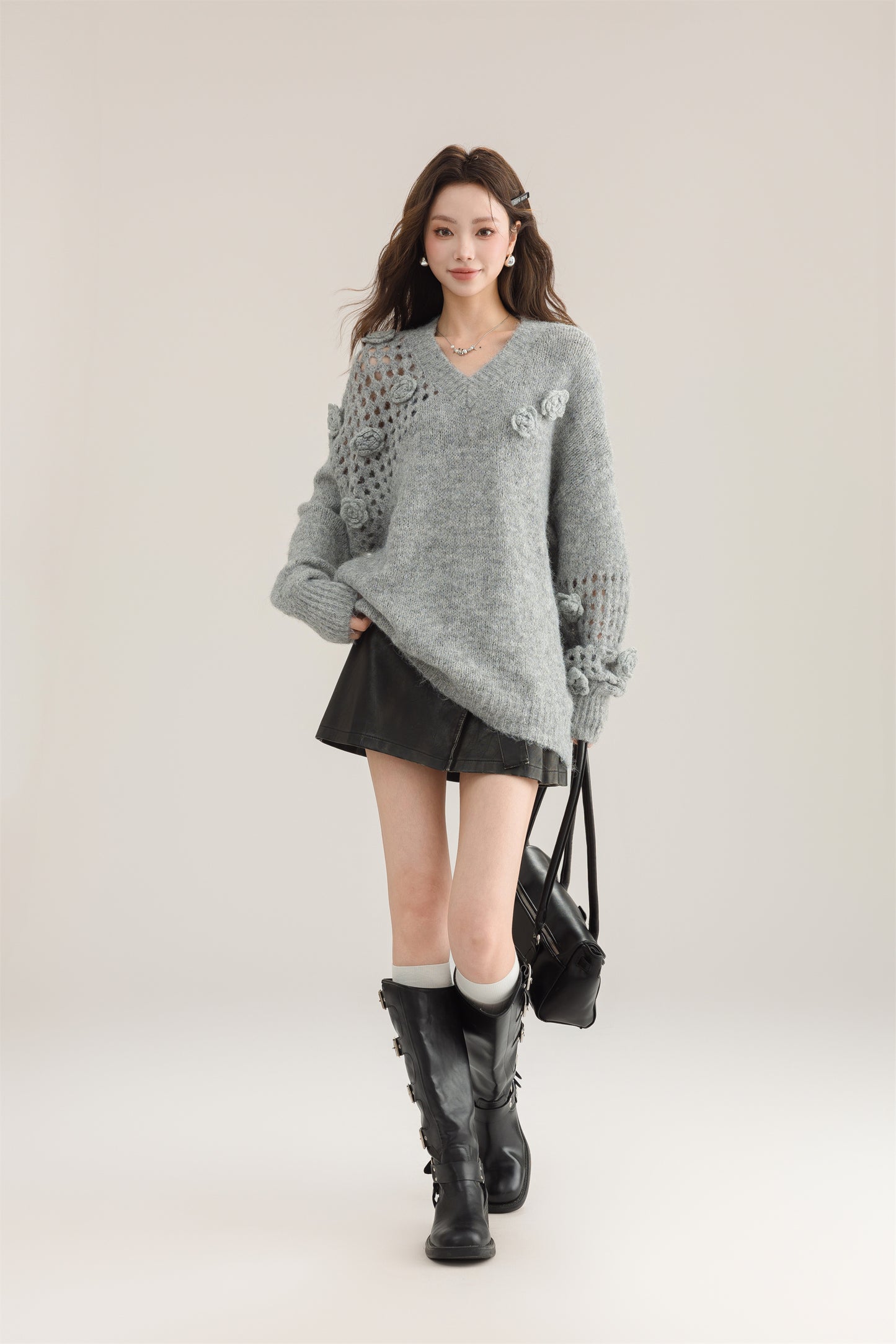 Grey Hollow Out Cozy Cotton Knit Winter Sweater V Neck