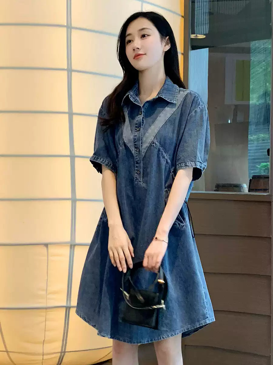 French Blue Embroideried Patchwork Lace Denim Dress Summer