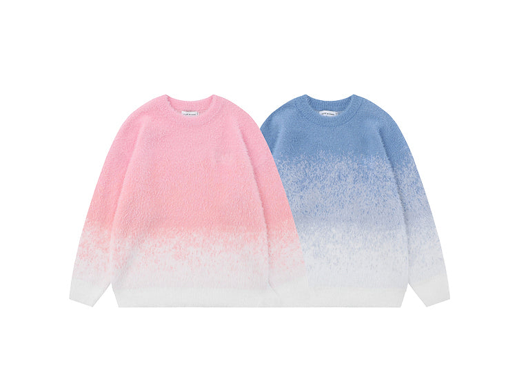 Gradient Color Blue O-Neck Cotton Knit Sweaters Winter