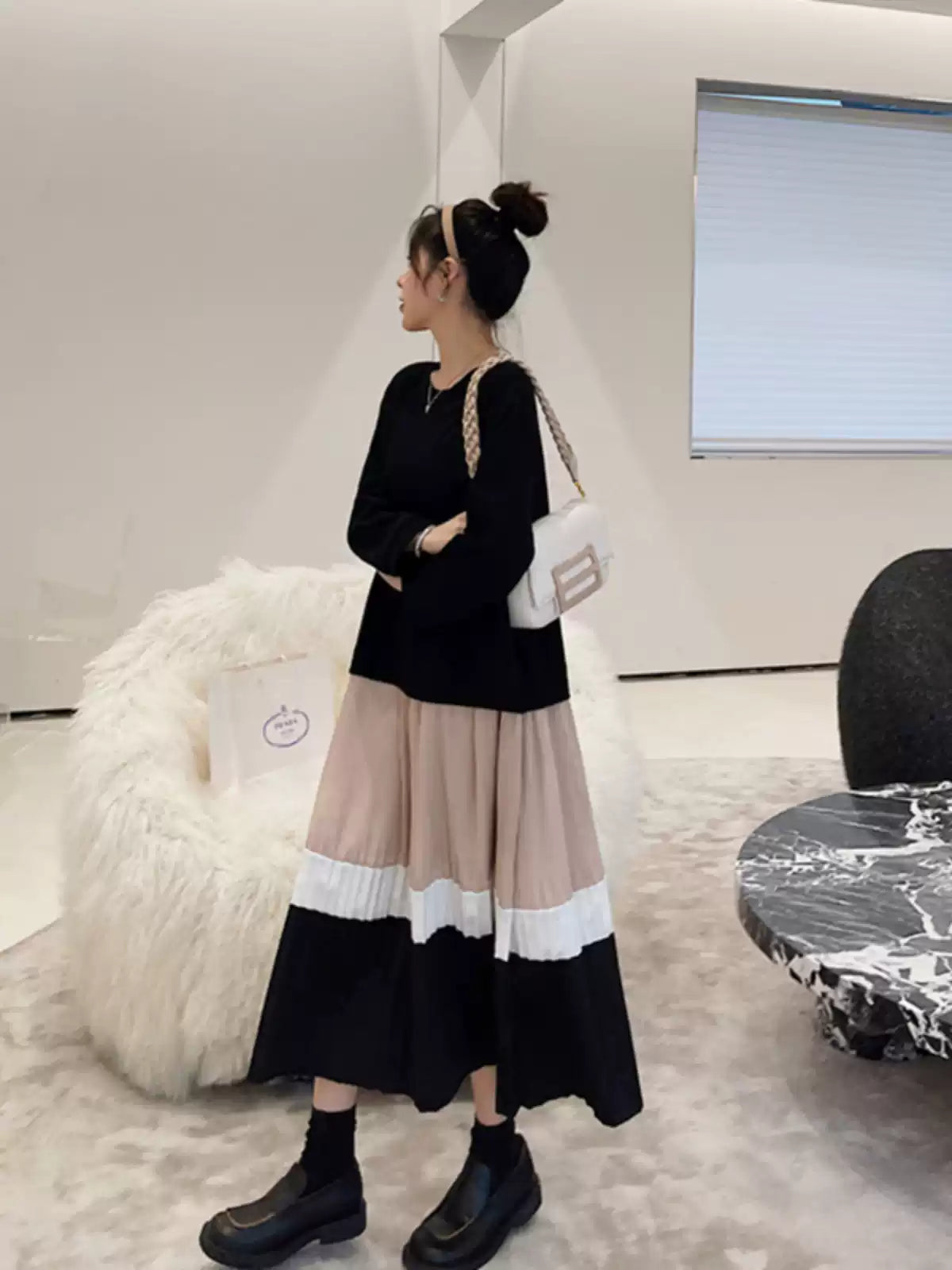 Plus Size Black O Neck Patchwork Cotton Long Dress Fall