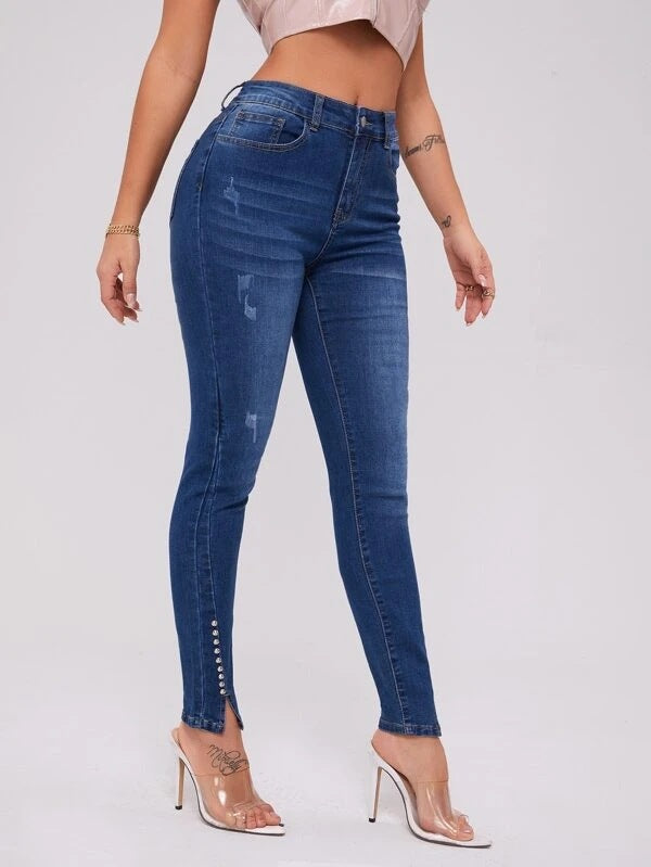 Slit Bead Panel Trim Denim Pants