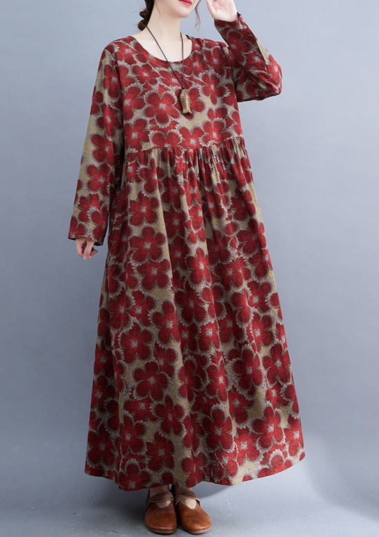 cotton linen floral loose long sleeve dress