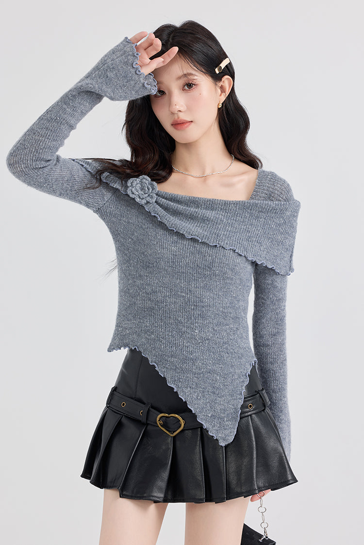 Grey Solid Knitting Cotton Sweater Square Collar Flare Sleeve