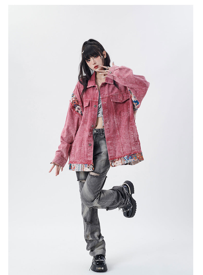 Modern Brick Red Oversized Patchwork Denim Jacket Fall