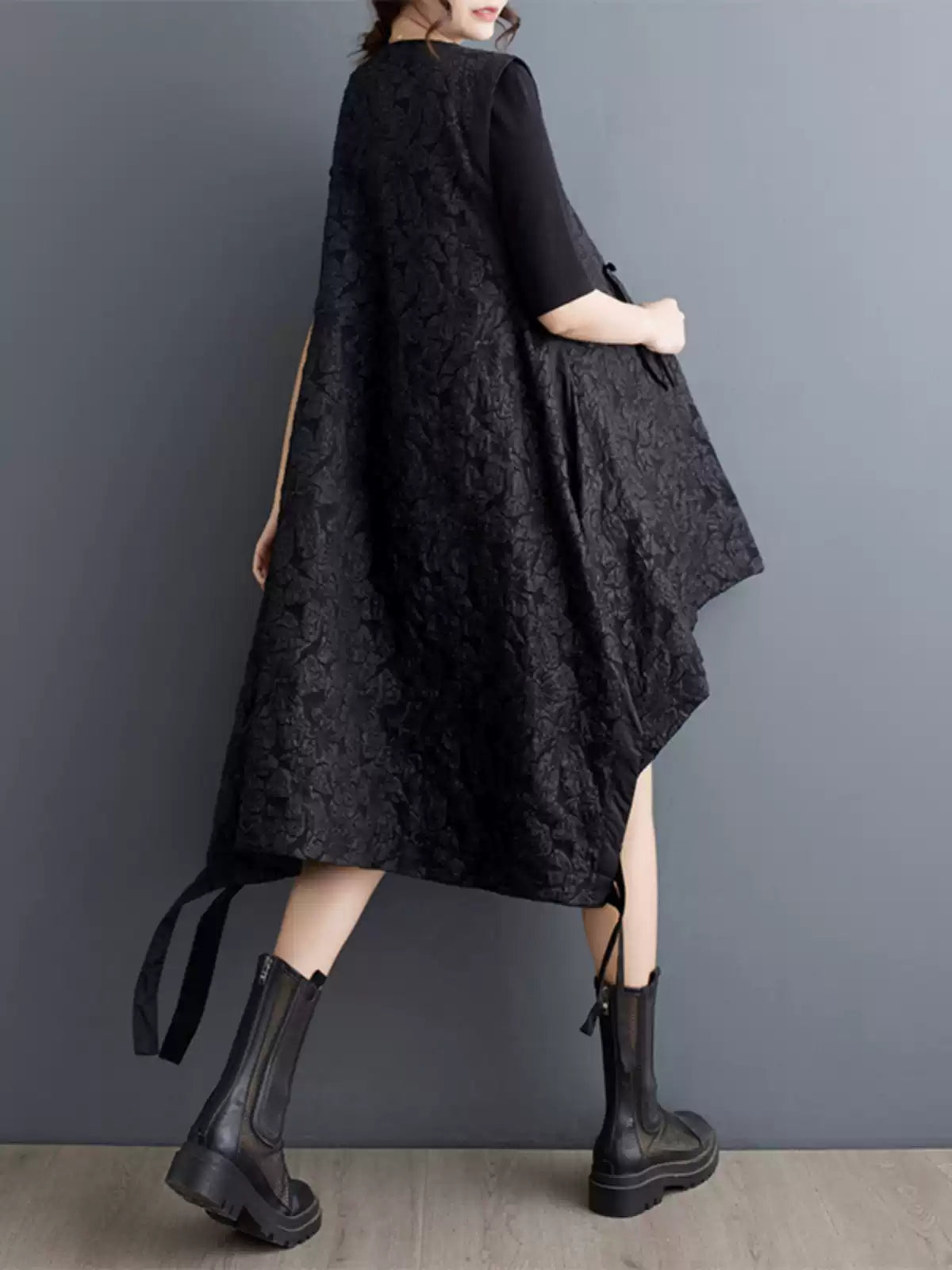 Fashion Black Floral Tulle Patchwork Maxi Asymmetrical Dress Batwing Sleeve