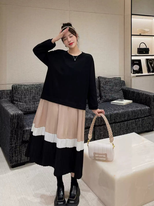 Plus Size Black O Neck Patchwork Cotton Long Dress Fall