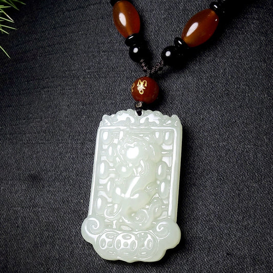 Natural Hetian White Jade Abacus Pi Xiu Pendant Necklace