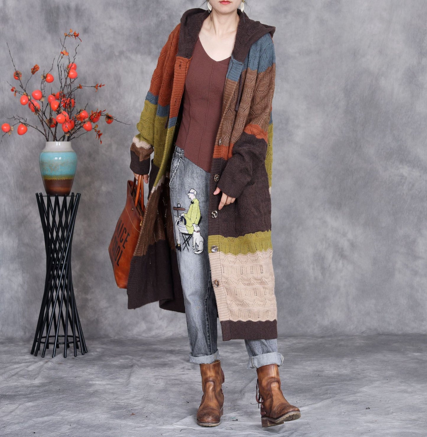 Retro Patchwork Plus Size Loose Knit Sweater Fall Fall