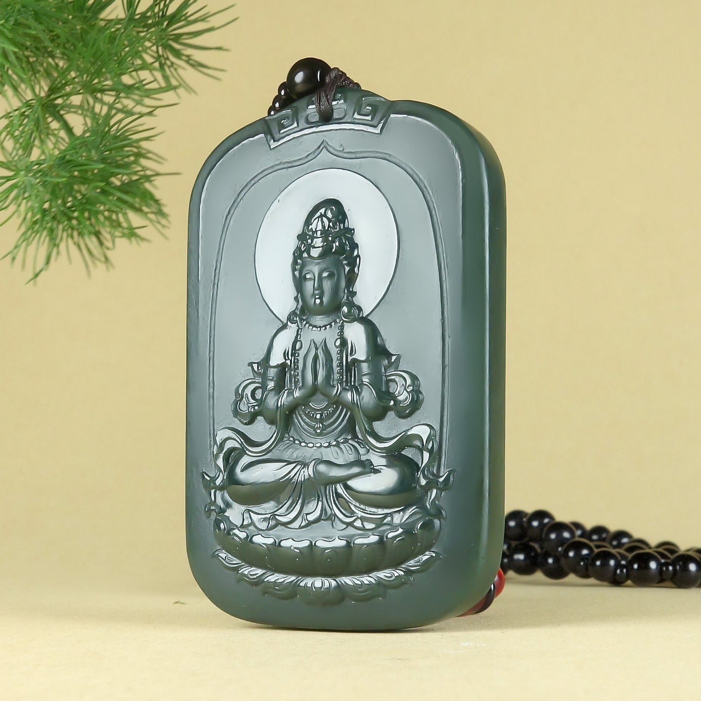 Natural Hetian Green Jade Double-Sided Guanyin Pendant Necklace