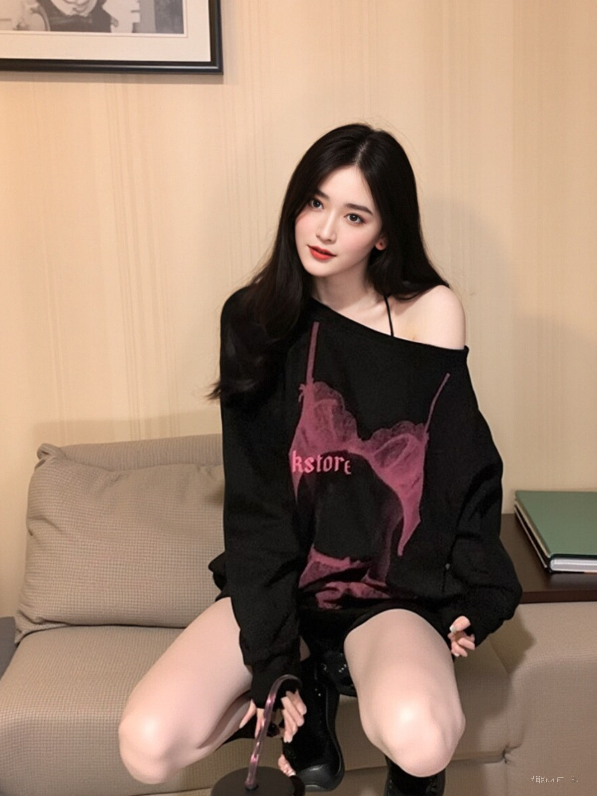 Black Print Tops Women Sweatshirt