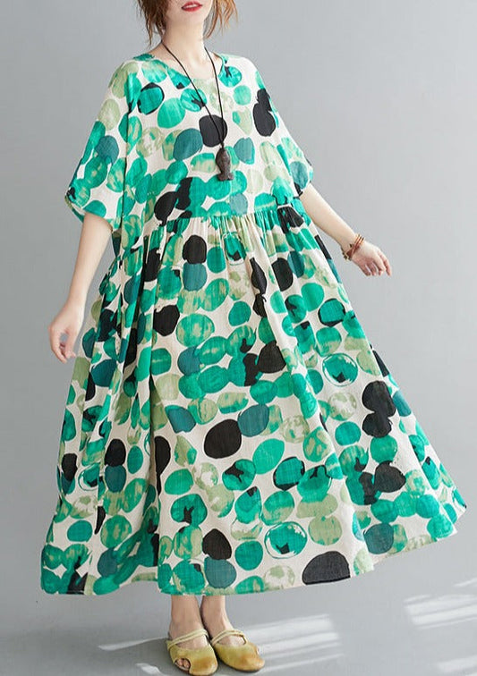 Summer polka dot print cotton and linen dress