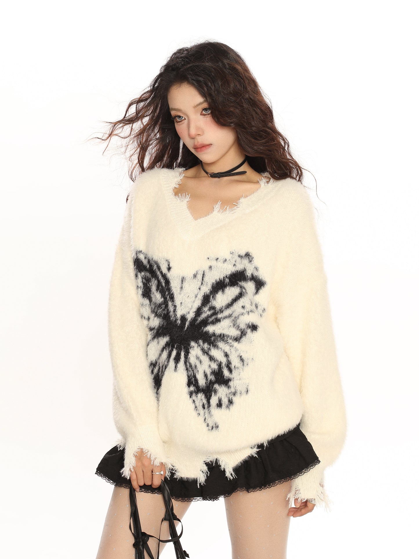 New White Up Butterfly Print Knit Sweater Winter