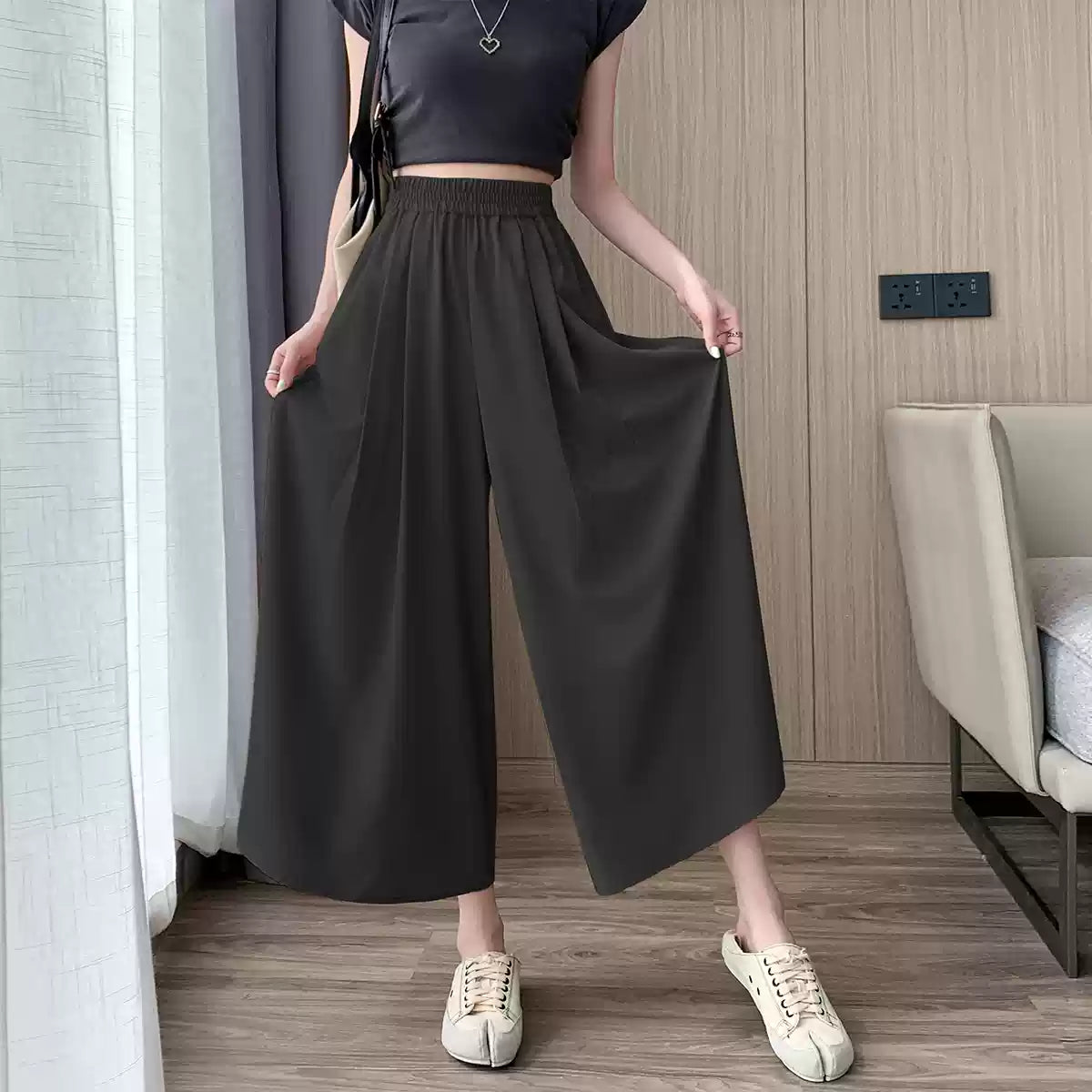 Casual Green Elasticity Waisted Pleated Wide Leg Pants