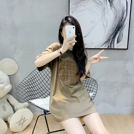 Women Camel O-Neck Cotton Print Top Summer