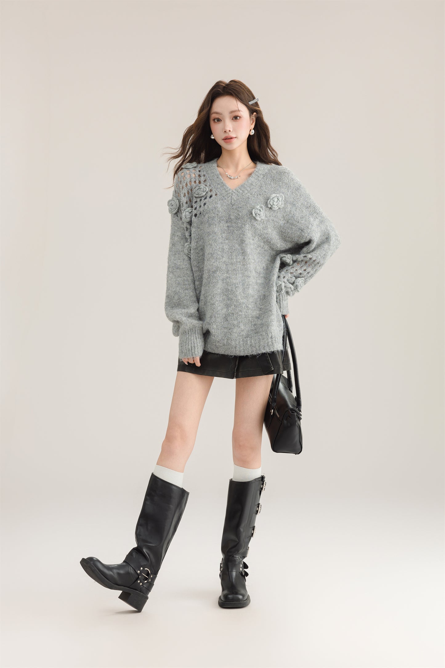 Grey Hollow Out Cozy Cotton Knit Winter Sweater V Neck