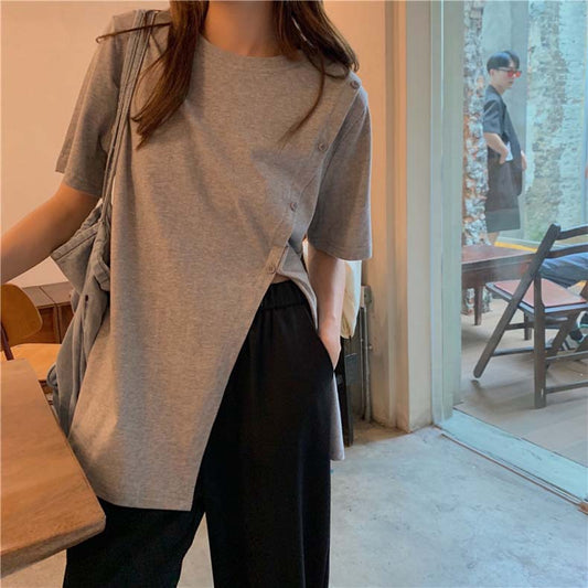 Women Grey Split Cotton Loose Shirt