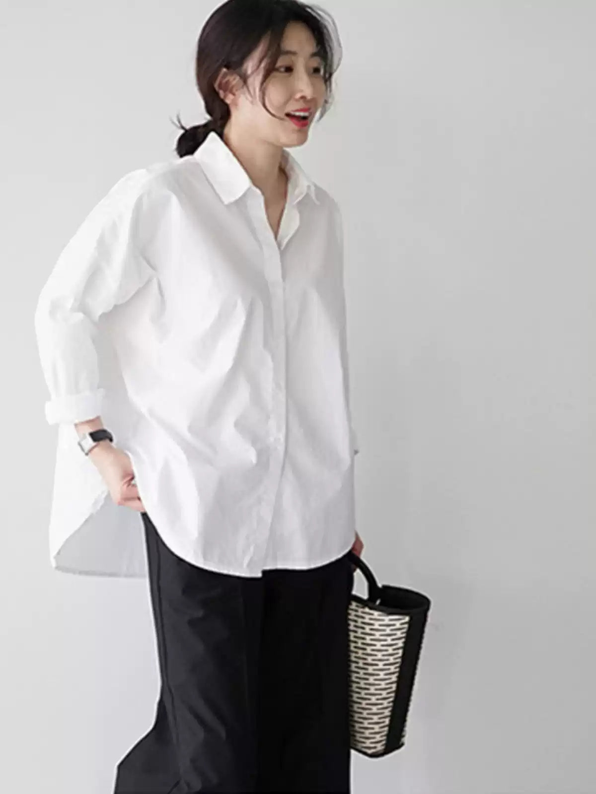 White Oversized Cotton Shirt Peter Pan Collar Pocket Fall