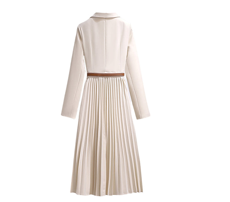 Temperament Beige Lapel Pleated Hem Long Sleeve Maxi Dress