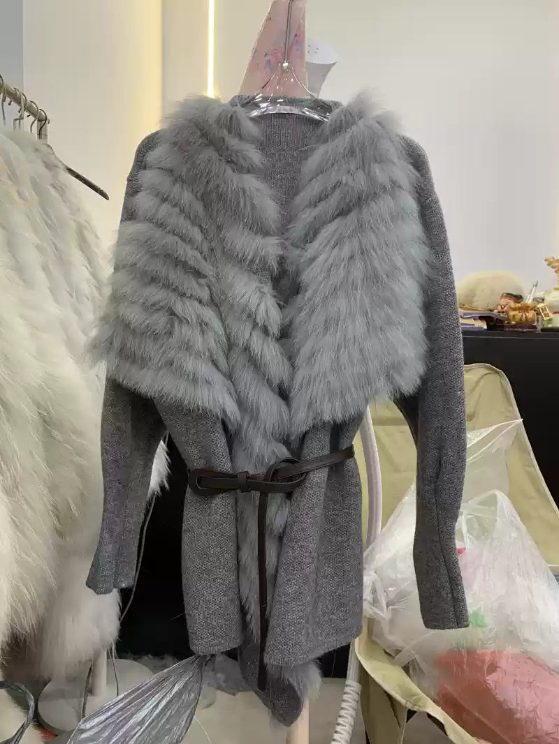 Art Grey V Neck Fur Collar Cotton Knit Sweater Winter