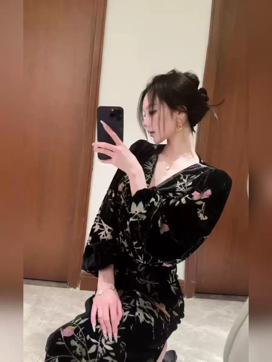Chinese Style Black Jacquard Silk Velour Dresses Fall