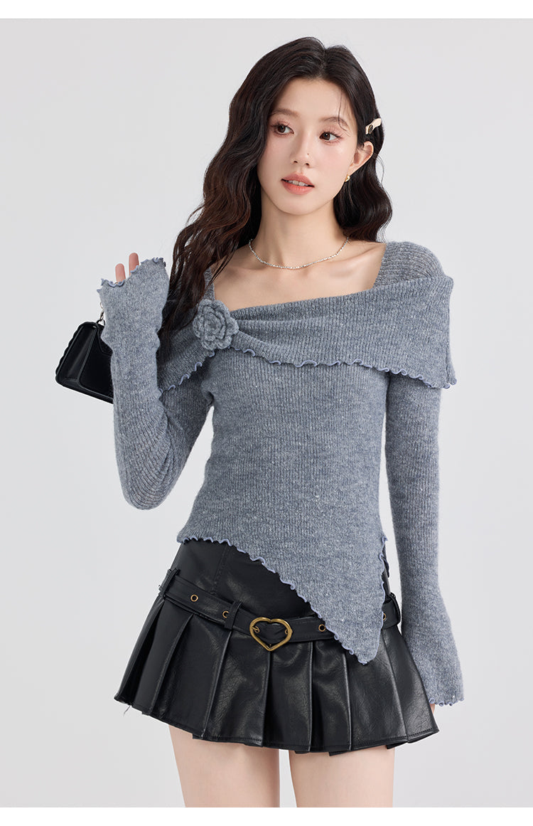 Grey Solid Knitting Cotton Sweater Square Collar Flare Sleeve