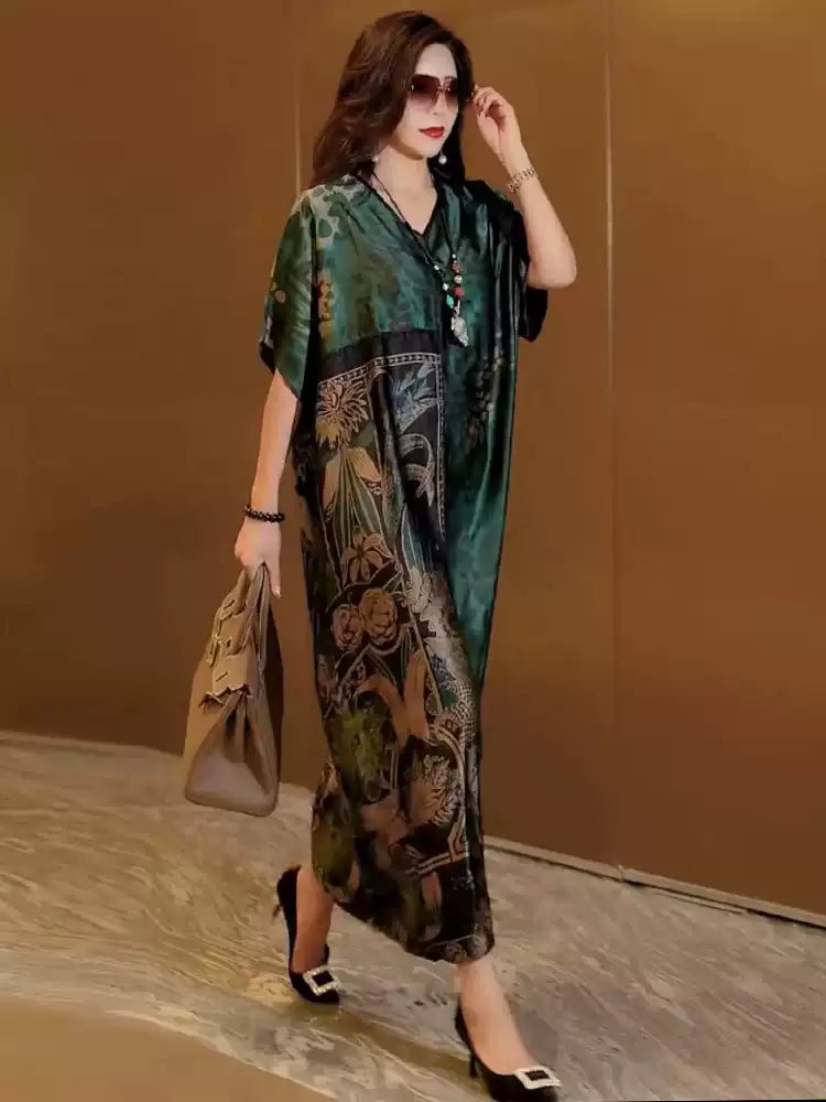 Bohemian Green V Neck Pockets Print Patchwork Silk Long Dresses Summer