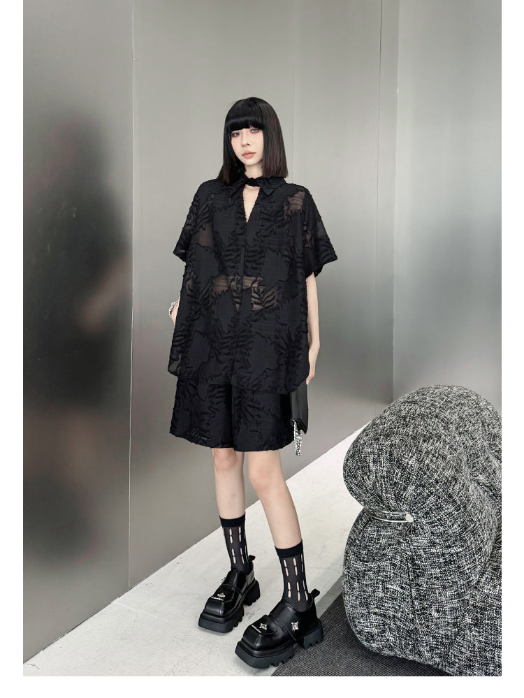 Fashion Black Embroidered Tulle Patchwork Wrinkled Shirt Summer