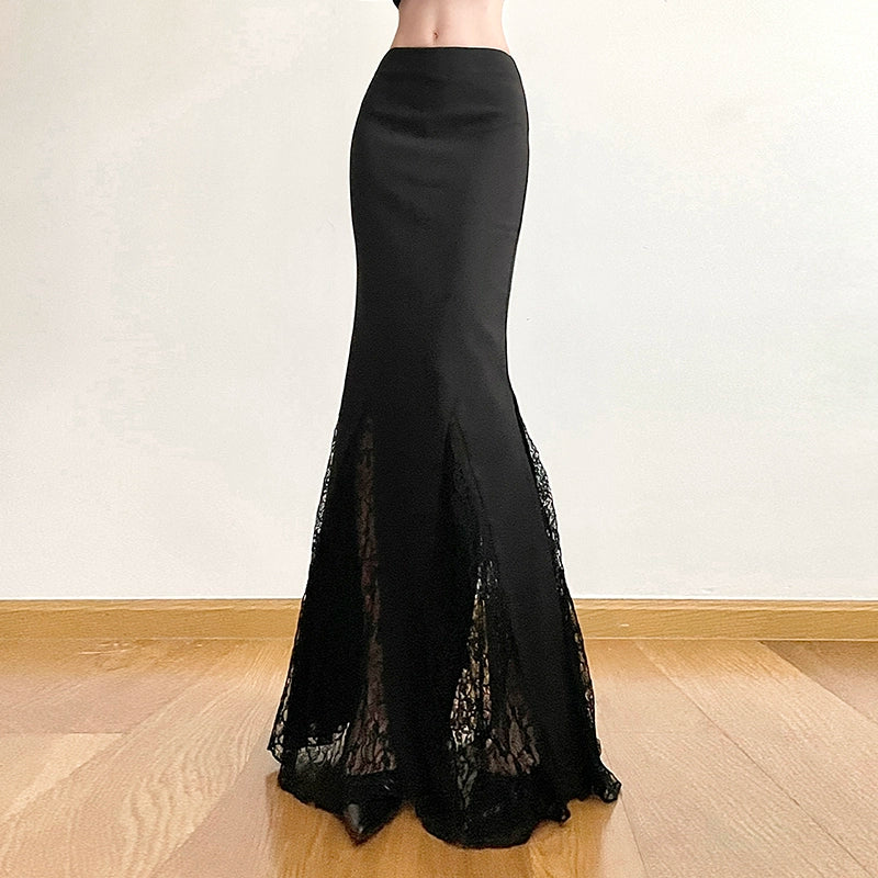 Vintage Black High Waisted Gauze Pleated See-Through A-Line Lace Skirt