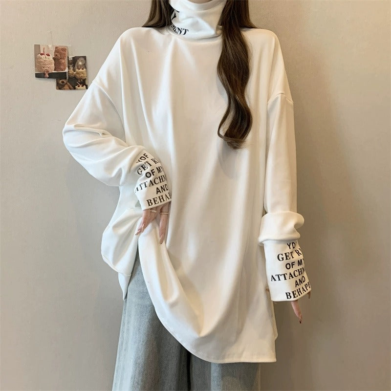 Simple Loose Black High Neck Letter Print Split-Joint Long Sleeve T-Shirt