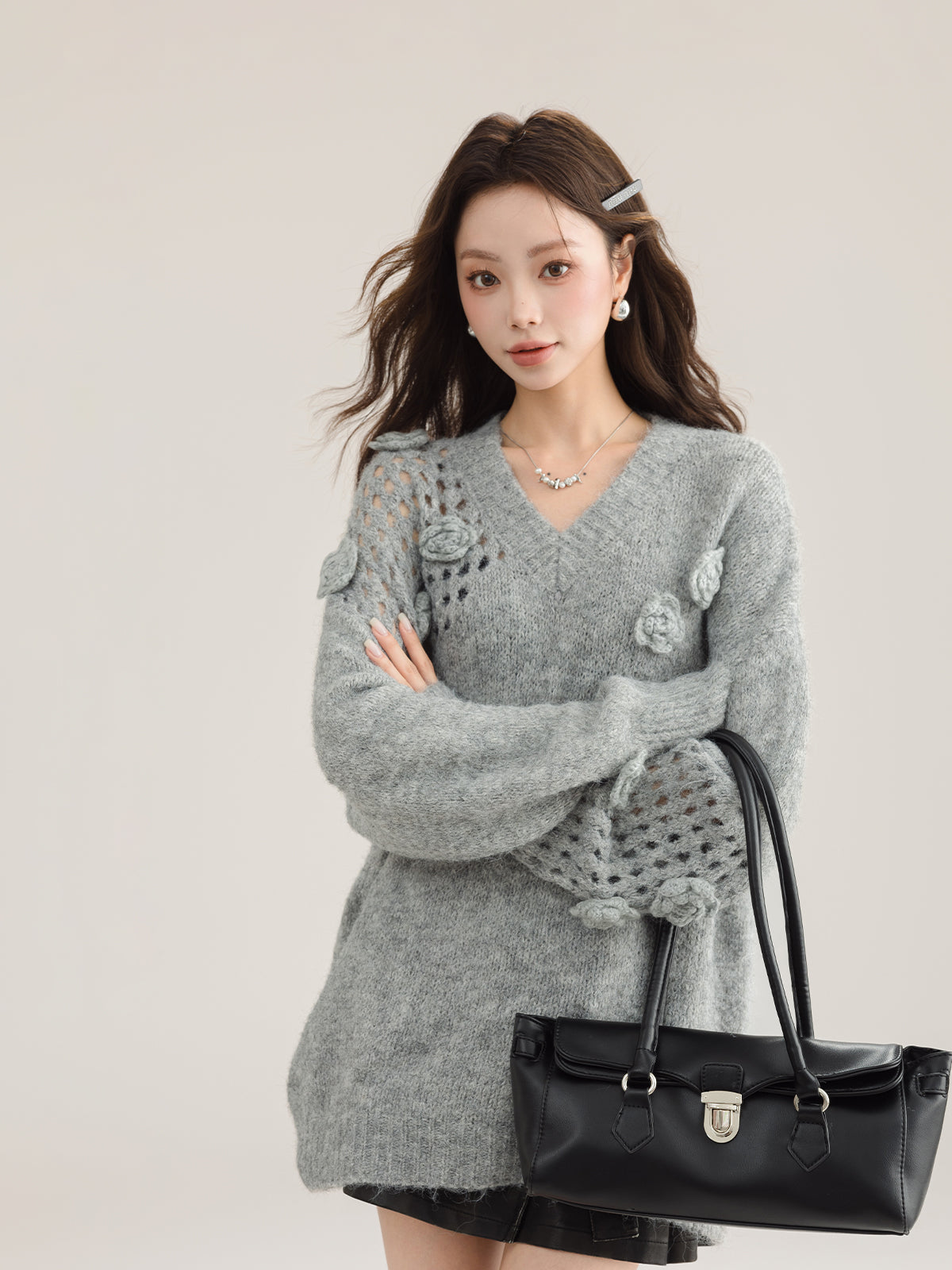 Grey Hollow Out Cozy Cotton Knit Winter Sweater V Neck