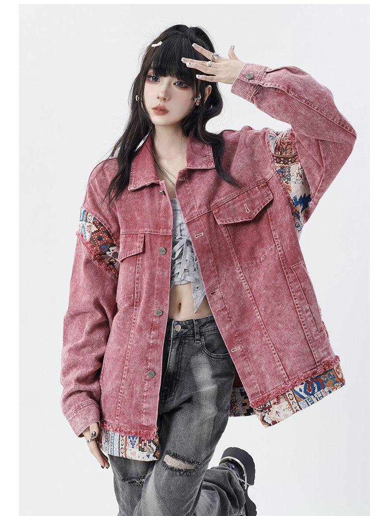 Modern Brick Red Oversized Patchwork Denim Jacket Fall