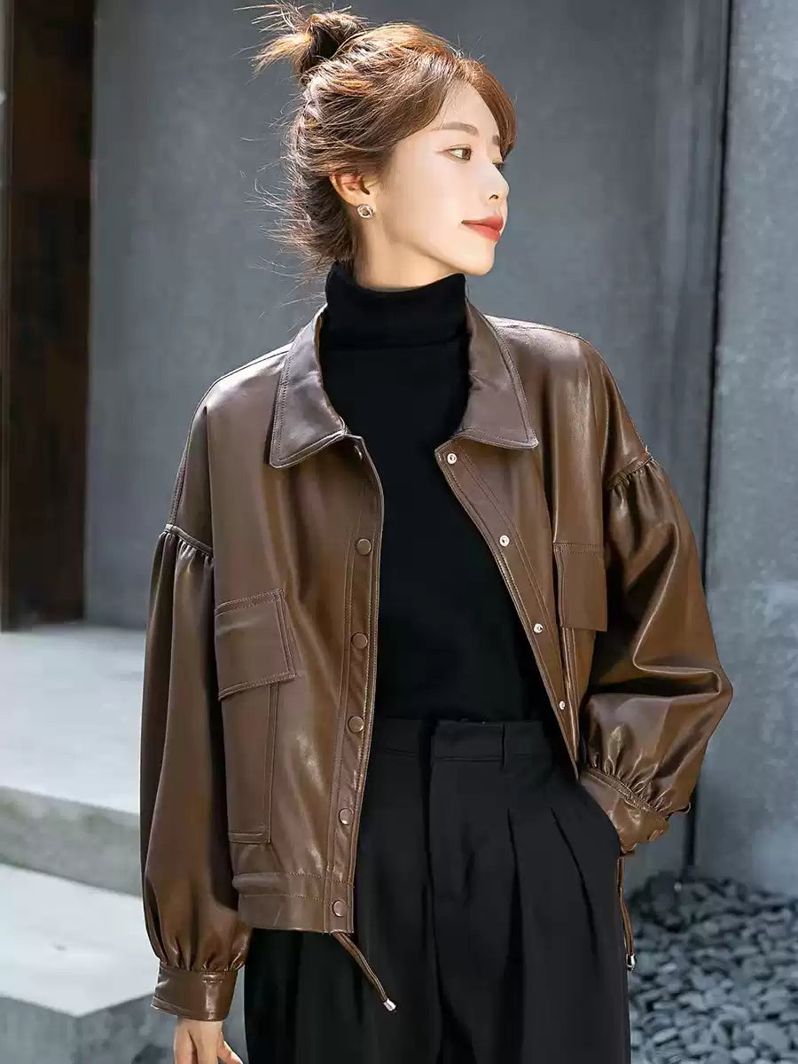 New Coffee Peter Pan Collar Pockets Faux Leather Jacket Spring