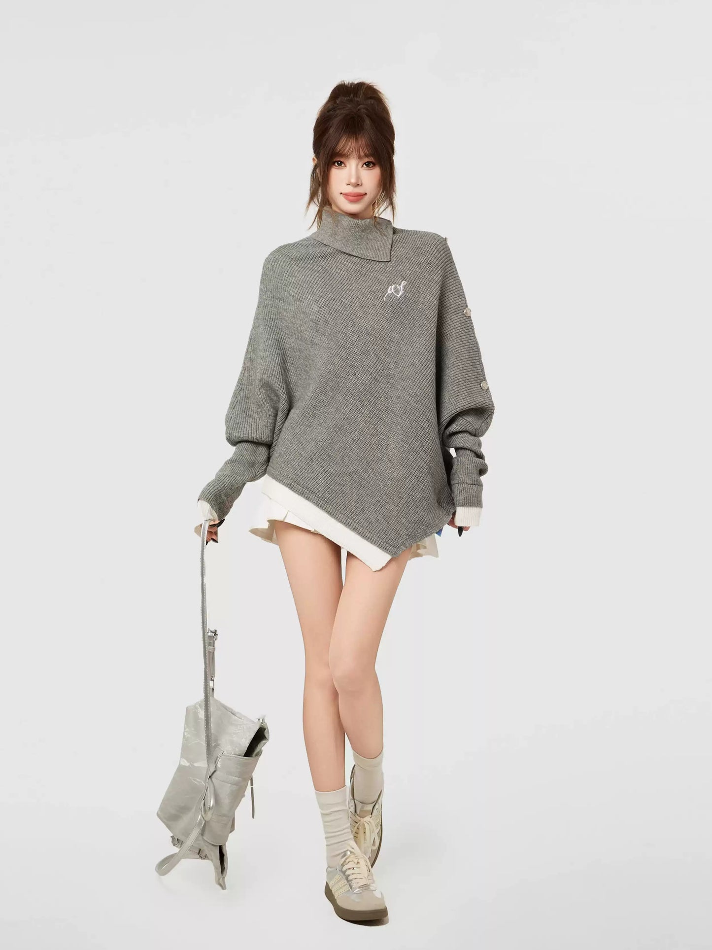 Organic Gray Turtleneck Asymmetrical Patchwork Cotton Knit Knitted Sweaters Winter