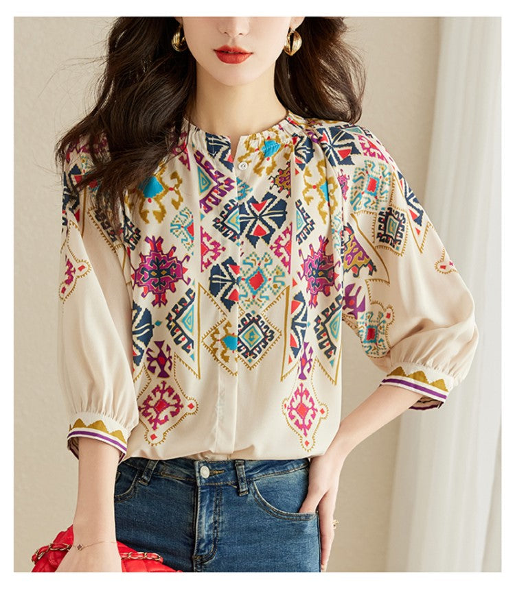 Loose White V Neck Print Lace Patchwork Chiffon Shirt Tops Summer