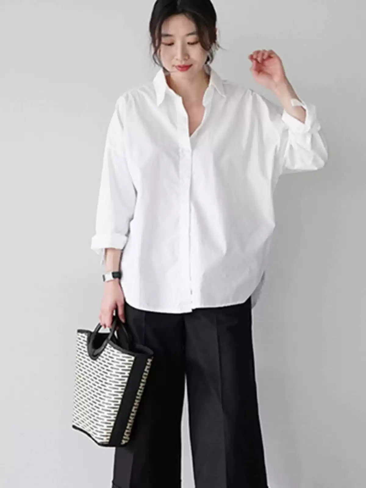 White Oversized Cotton Shirt Peter Pan Collar Pocket Fall