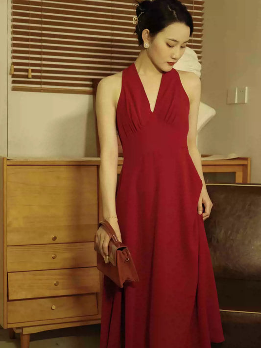 New Red V Neck Solid High Waist Cotton Dresses Sleeveless
