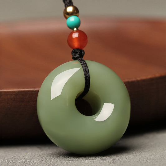 Natural Green Hetian Jade Round Pendant Necklace