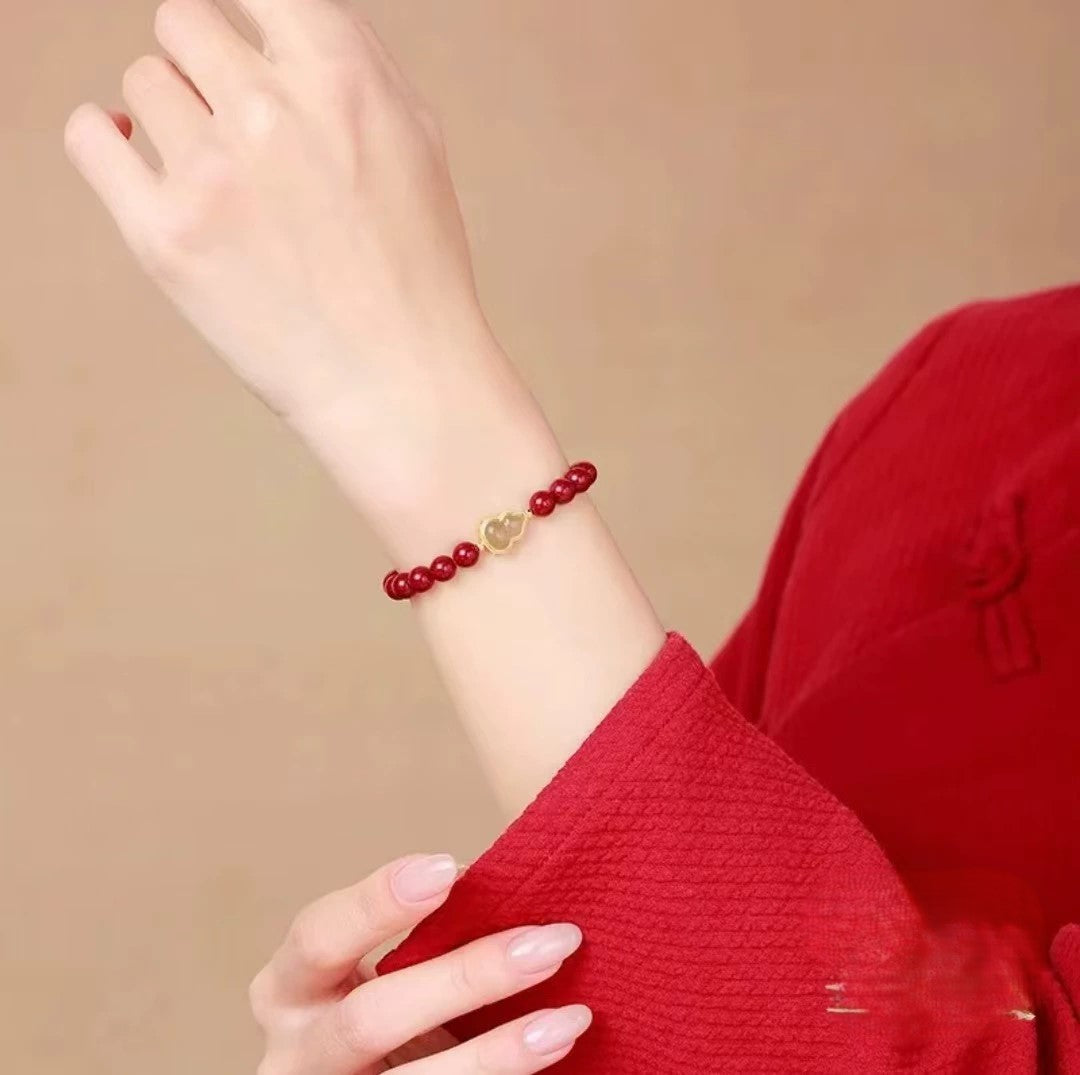 Natural Cinnabar & Hetian Jade Gourd Bracelet
