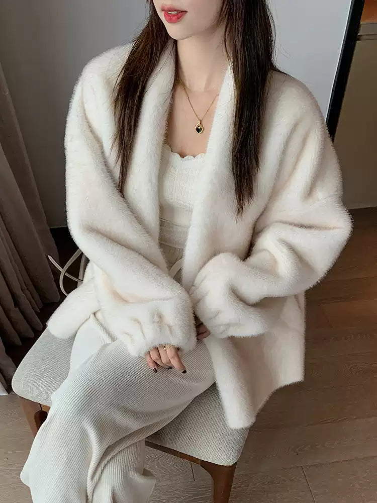 Style Beige V Neck Imitation Mink Sweater Winter