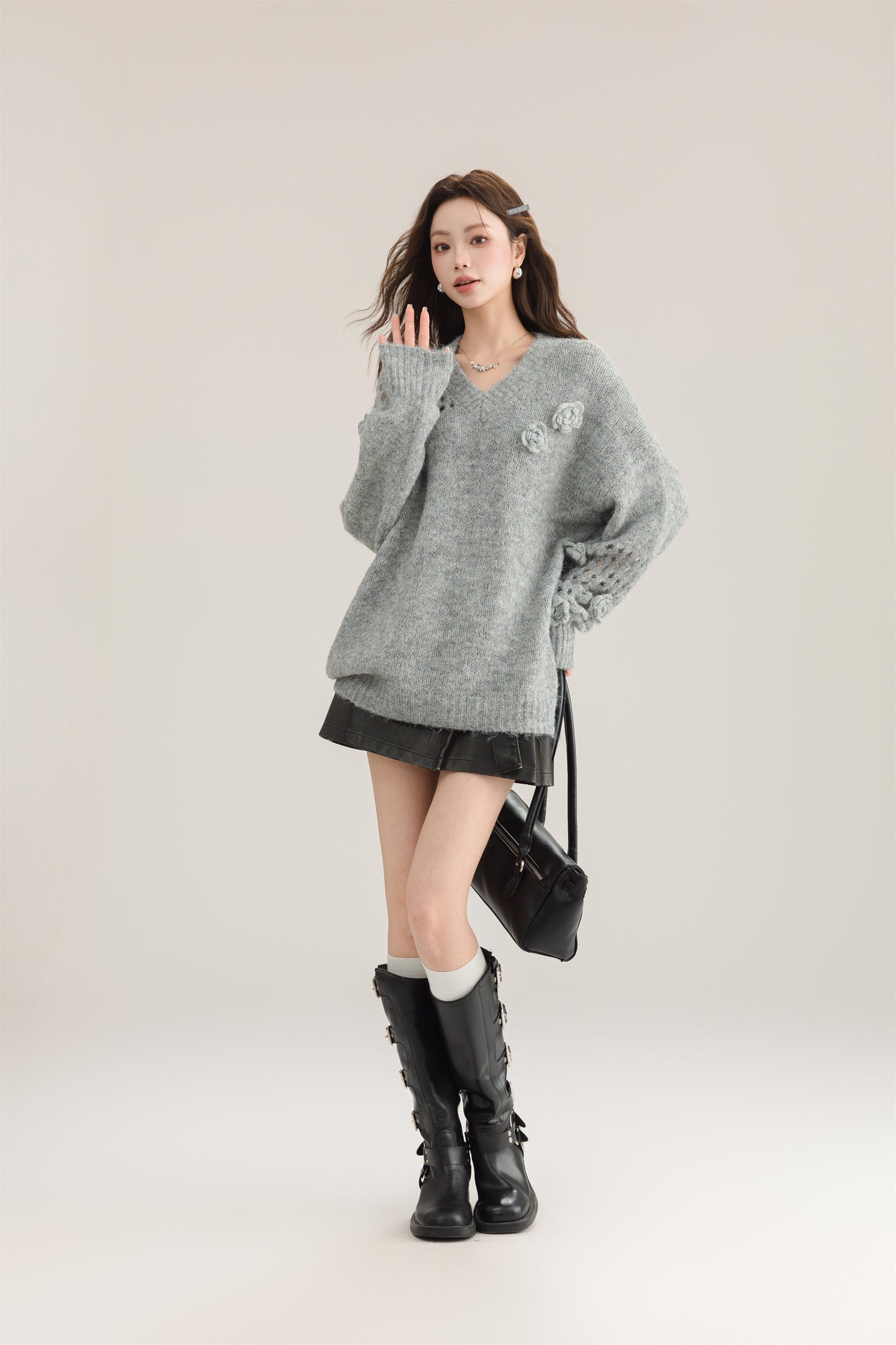 Grey Hollow Out Cozy Cotton Knit Winter Sweater V Neck