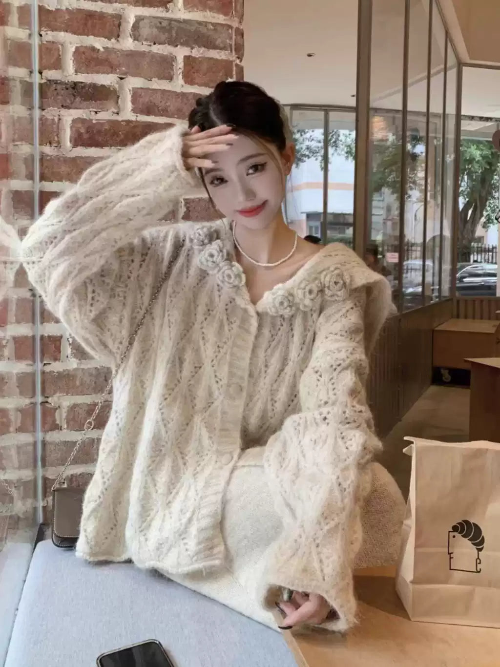 Floral Beige V Neck Hollow Out Knit Cardigans Winter